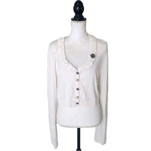 Women's White Ruffled Cardigan Bolero Jacket With Decorative Metal Button